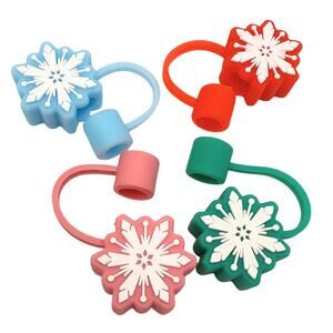 Snowflake Silicone Straw Toppers Set of 4 Fits 10mm Straws Stocking Stuffers New